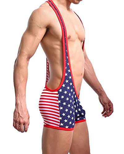 Men's Sexy Sports Jockstrap Jumpsuit,USA Flag Bodysuit Wrestling Singlet