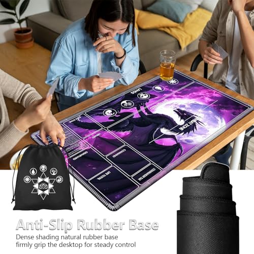 Image of for MTG Playmat with Card Storage Bag,Non-Slip Rubber Base & Smooth Surface 24x14in,Beginner-Friendly Magic Mat for Commander Deck,Dragon Purple-1