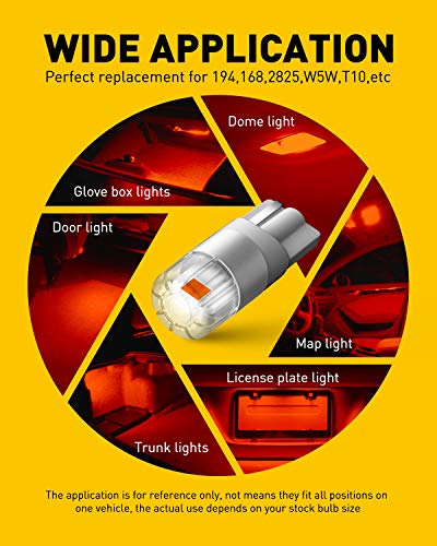 Image of AUXITO Red 194 LED Light Bulbs, Super Bright 1:1 Size, License Plate Light 168 2825 W5W T10 Error Free Car Bulbs for Dome Map Door Courtesy Side Marker Cornering Trunk Light (Pack of 2)