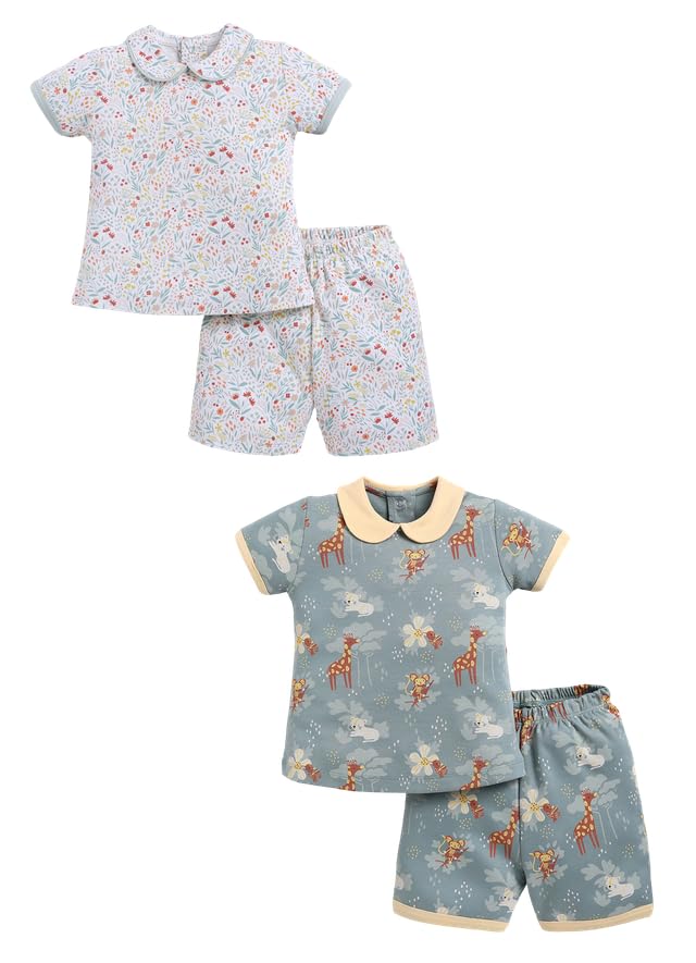 Image of BABY GO Baby Boys & Baby Girls Clothing Set | Summer Co-Ord Set for Baby | Printed 100% Cotton Half Sleeve T-Shirt & Shorts Combo | Soft Cotton Casual Wear Outfit for Infants & Toddlers Pack of 2