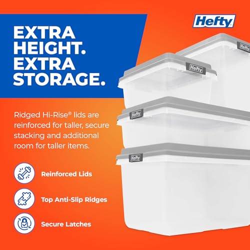 Hefty 32 Qt Hi-Rise Storage Bin with Lid, Stackable Plastic Storage Container, Organizer for Home, Garage & Closet, 6 Pack, Gray - image 5