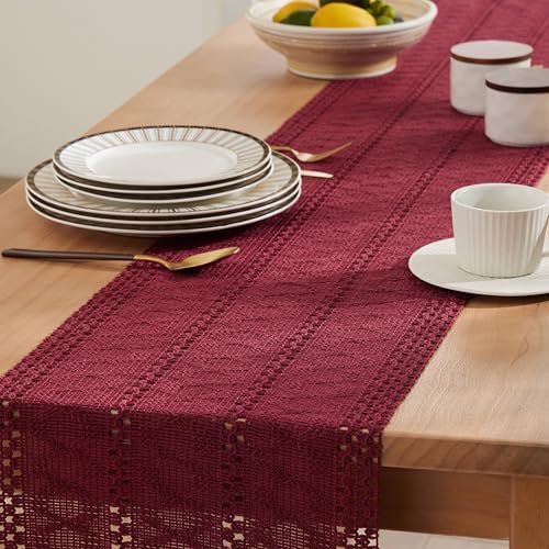 Image of ZeeMart Macrame Style Boho Table Runner, 12x90 Inch Burgundy | Woven Boho Table Runner with Handmade Tassels, Crochet Hollow Table Scarf, Farmhouse Kitchen Home Decor Dresser Runner