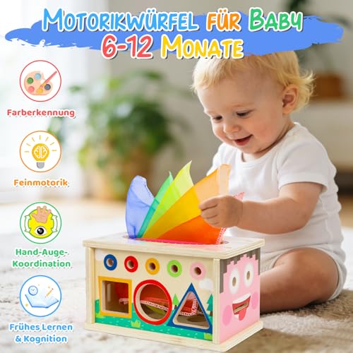 9-IN-1 Tücherbox Baby 6-12 Monate, Holz Montessori Spielzeug 1 2 3, Kinder Steckspiel Motorikspielzeug ab 1 Jahr, Sensorik Babyspielzeug, Geschenk für Ostern Geburtstag Weihnachten Junge Mädchen