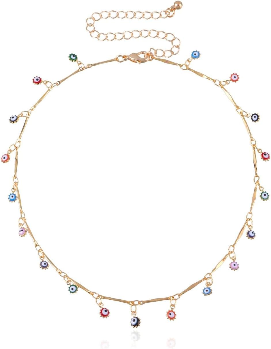 CJIAYUJEW Beaded Gemstone Necklace for Women, Boho Colorful ， 14K Gold Circular Buckle Rainbow Beaded Beach Surfer Necklaces Summer Handmade Jewelry Gifts