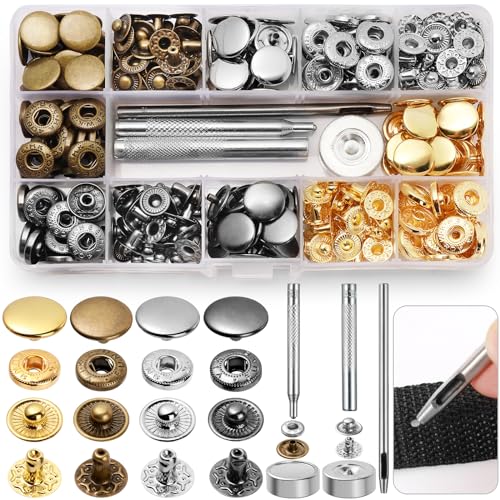 Ysimple Botones de Presion, 4 Colores Corchetes de Presion Metalicos con 4 Herramientas de Instalación, Grandes Tachuelas para Cuero, Ropa, Vaquero, Bolsos, Jeans (80 Pcs-15mm)