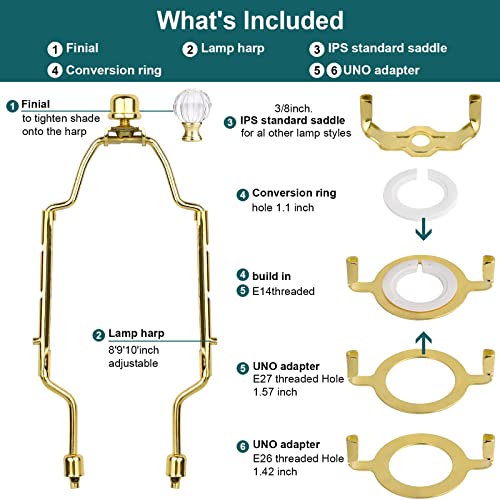 Image of WEAVERBIRD Lamp Shade Harp Bracket 8 9 10 inch Adjustable Lamp Harp Kit with 3 /8 Standard Saddle,E14 E26 E27 Light Base UNO Fitter Adapter Converter Finial Set and Crystal Lamp Finial Knob, Gold