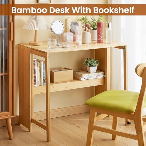 41" Bamboo Folding Desk with Bookshelf, Folding Bamboo Desk for Small Spaces, Computer Table Space Saving, Wooden Desks for Home Bedroom Study Office Bamboos Writing Desks, Primary - Thumbnail 2