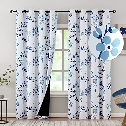 Beauoop Rideaux opaques avec feuilles et fleurs - Vintage - Avec œillets - Motif botanique - Isolation thermique - Pour maison de ferme, salon, chambre à coucher - 132 x 175 cm - Bleu marine Cover