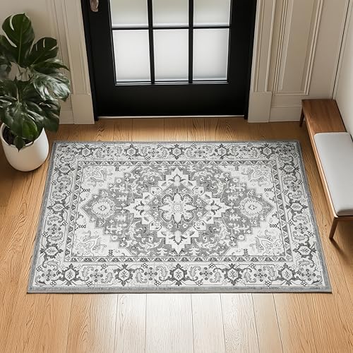 Lofus 2x3 Washable Rug for Entryway Bathroom, Non Slip Kitchen Mats for Floor, Vintage Soft Door Mat Indoor Entrance, Small Area Rugs, Farmhouse Carpet for Entry Living Room Bedroom, Floral Grey
