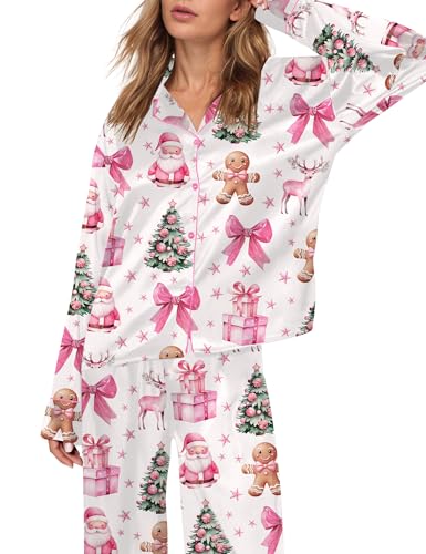 Image of SHESHOW Satin Pajamas Set for Women Set Long Sleeve Button Down Pjs Sets 2 Piece Loungewear Animal Sleepwear XS-XXL