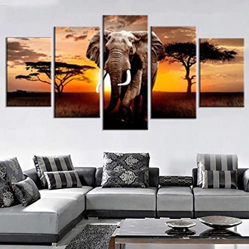 Tableau Multi Panneau 5 Parties Éléphant Animal Avec Cadre 100 X 50 Cm Tableau Imprimé Tableau Imprimé Sur Toile Tableau Deco Impression Sur Toile Intissee...