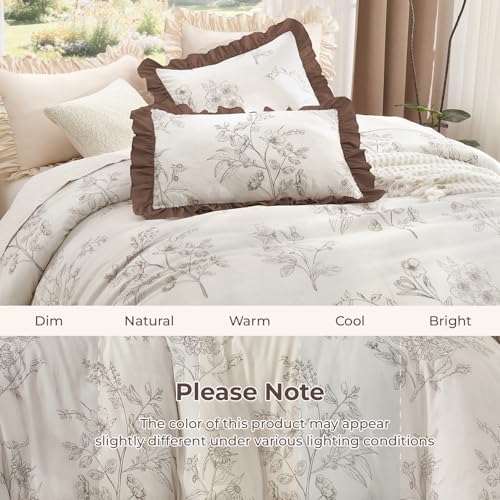 Image of Litanika Beige Brown Twin Comforter Sets, 2 Pieces Coffee Ruffle Floral Farmhouse Bedding Comforter Sets, All Season Soft Lightweight Fluffy Microfiber Bed Set(66x90In Comforter, 1 Pillowcase)
