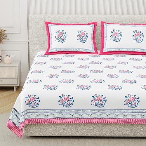 Image of DE CAMA Since 1997 | 100% Cotton 300 TC Premium King Size Bedsheet for Double Bed (90 x 108 Inch) with 2 Pillow Covers Set (17 x 27 Inch) Hand Block Printed Bedsheet Set - Pink