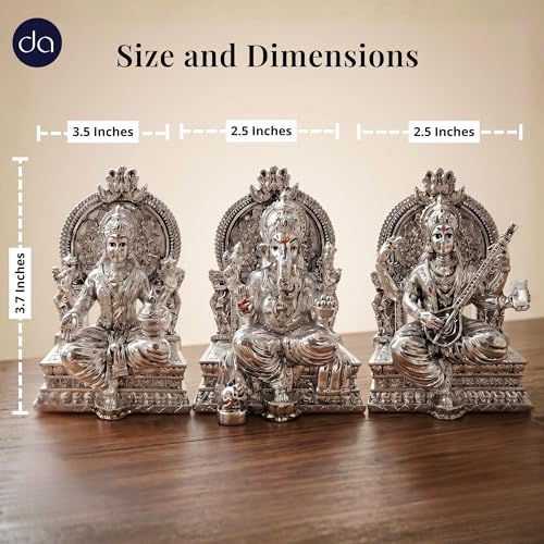 Image of Premium Silver-Plated Lakshmi Ganesh Saraswati Murti | Ganesh Laxmi Idol Statue for Home Temple| Pooja Room | Office Desk | Mandir Decor | Diwali | Housewarming | Wedding Gift | 3.7 Inch