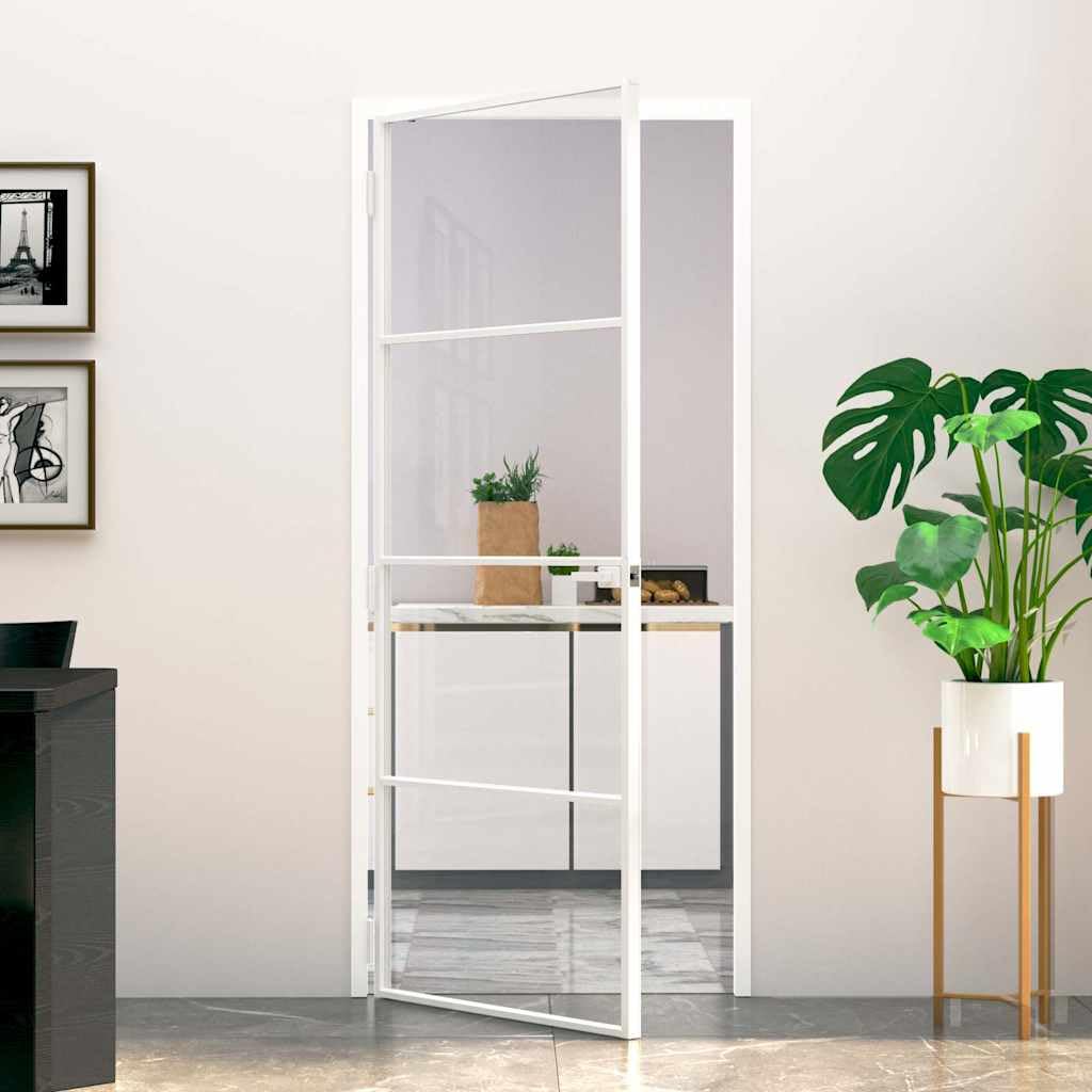 vidaXL Innentür, Zimmertür Komplettset 83x201,5cm, Glastür mit Griff Eisenschloss, Drehtür Tür aus Glas, Modern, Weiß Hartglas Aluminium Schlank