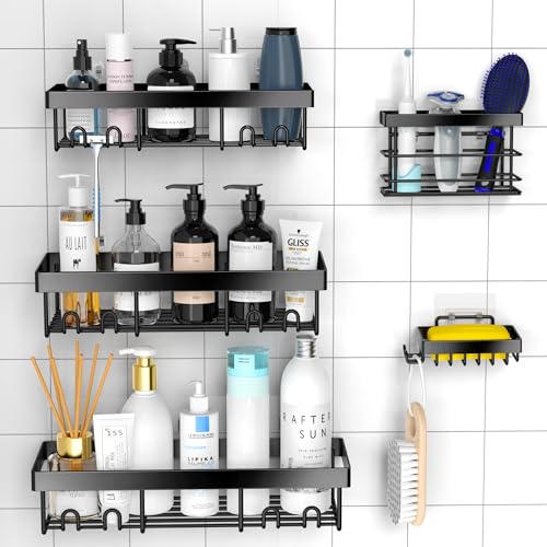 Moforoco 5 Pack Shower Caddy Shelf Organizers Rack, Self Adhesive Black Bathroom Storage Organization, Home Kitchen No Drilling Inside Decor Rv Accessories, First Apartment Essentials