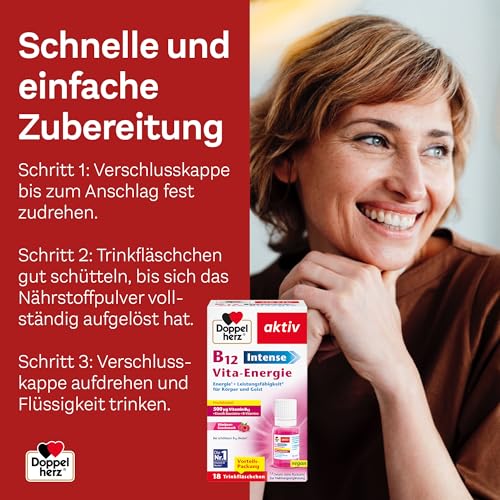 Doppelherz B12 Intense Vita-Energie – hochdosiert mit 500 µg Vitamin B12 pro Trinkfläschchen – 18 Ampullen – vegan