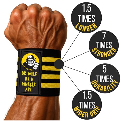 Image of Muscleape Wrist Wraps for Gym | SuperFabric Strength Support Straps for Heavy Lifting, CrossFit & Powerlifting | Adjustable Compression Wrist Support for atheletes- Superb Workout Wrist Stability & Protection. (Bumblebee, 32 Inches)