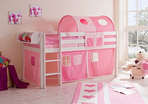 Hochbett Spielbett Malte Kiefer massiv Weiss, Vorhangstoff:Rosa Pink 3 teilig Hochbett Spielbett Malte Kiefer massiv Weiss, Vorhangstoff:Rosa Pink 3 teilig
