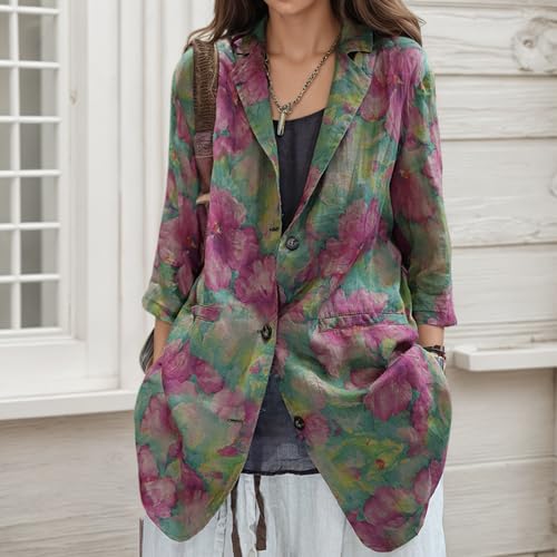Boho Cotton Linen Blazer for Women Floral Print 3/4 Sleeve Notch Lapel Collar Lightweight Jacket with Pockets2
