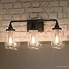 Urban Ambiance Luxury Industrial Bathroom Light, Medium Size: 11″ H x 21.5″ W, with Provencial Style Elements, Aged Pipe Design, Antique Black Finish and Mason Jar with Floral Pattern, UQL2662