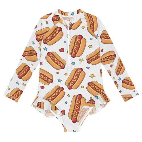 Hot Dog Pattern with Stars Girls Rash Guard Swimsuits Long Sleeve One Pieces Bathing Suit UPF 50+ Zipper Swimwear
