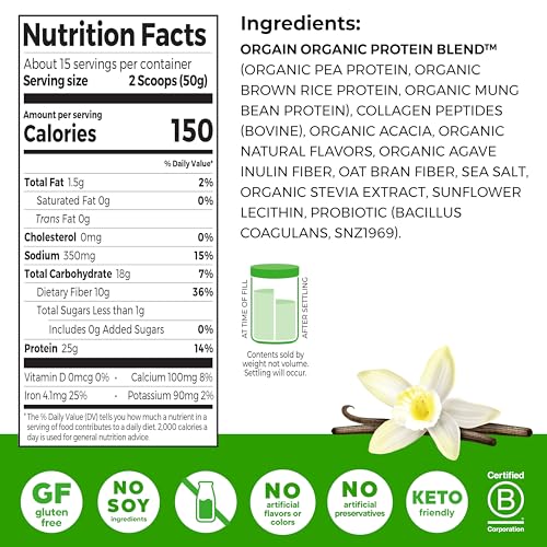 Orgain Organic 25g Protein + 10g Collagen Powder, Vanilla Bean, 1.6lb - image 2