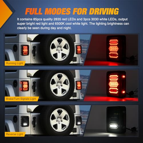 Image of Nilight JK Tail Light LED Red Running Stop Brake Turn Signals Lights White Reverse Back Up DOT APPROVED Smoked Lens Taillight Compatible with 2007-2018 Wrangler JKU