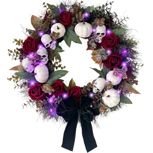 HipTree 20 Inch Gothic Halloween Wreath for Front Door with Purple Lights
