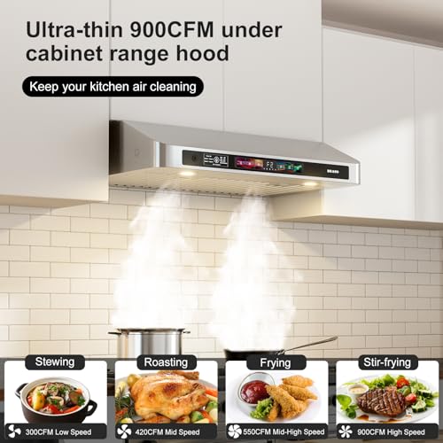 BRANO 30 Inch Under Cabinet Range Hood with Voice/Gesture/Touch Control, 900 CFM Kitchen Vent Hood with 4-Speed Exhaust Fan, Stainless Steel Stove Hood with LED Lights, Baffle Filters