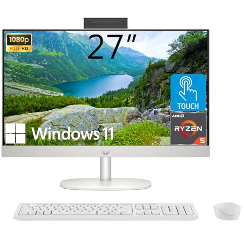 Image of HP 27 inch All-in-One Desktop Computer, FHD IPS Touchscreen, AMD Ryzen 5 7520U Processor, 16GB LPDDR5, 1TB SSD, Wi-Fi 6, HDMI, USB-C, Ethernet RJ-45, Wireless KB& Mouse, Windows 11 Home
