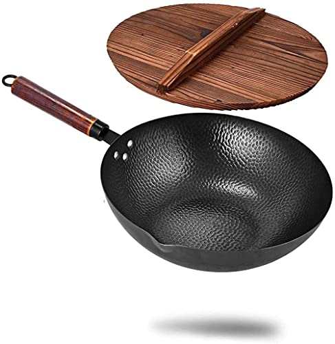 Wok de acero al carbono con mango de madera y tapa miniatura 1