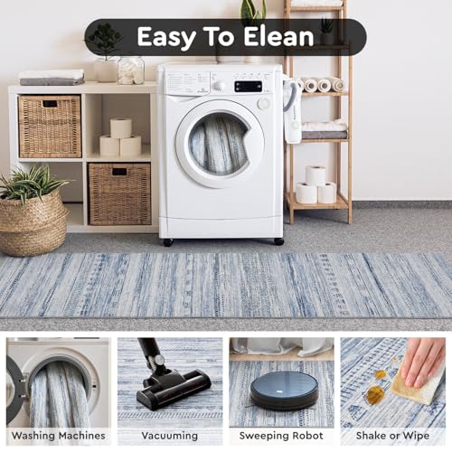 2x8 Runner Rug Machine Washable Non Slip Area Rug Distressed Neutral Moroccan Boho Rug Ultra Soft Floor Runners for Hallways for Entryway Laundry Room Kitchen, Blue
