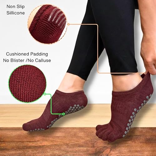 Image of Soxsense Pilates Grip Toe Socks for Women & Men, Cushioned Low-Cut Five Finger Socks Non Slip for Yoga, Barre, Gym