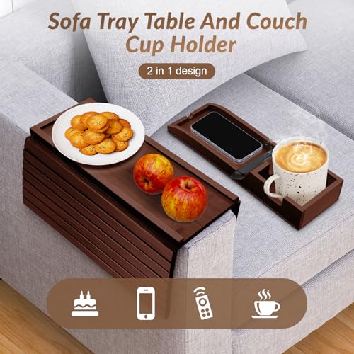Image of FUNKYLEE Bamboo Couch Armrest Table, Couch Arm Tray with Removable Couch Cup Holder, 2 in 1 Design Foldable Anti-Slip Bamboo Sofa Arm Tray for Remote Controls, Phones, Cups and Snacks (Brown)