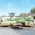 QUYZE Outdoor Patio Furniture Sets,7 Pieces Outdoor Sectional Sofa PE Rattan Patio Conversation Sets with Composite Wood Coffee Table Resistant Thick Cushions Outdoor Sectional Furniture (Lemon Green)