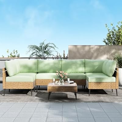 QUYZE Outdoor Patio Furniture Sets,7 Pieces Outdoor Sectional Sofa PE Rattan Patio Conversation Sets with Composite Wood Coffee Table Resistant Thick Cushions Outdoor Sectional Furniture (Lemon Green)