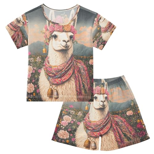 ALAZA Funny Llama Flower Blossom Pajamas Set Short Sleeve Cotton Sleepwear Summer Pjs 2 Piece 5-14Y