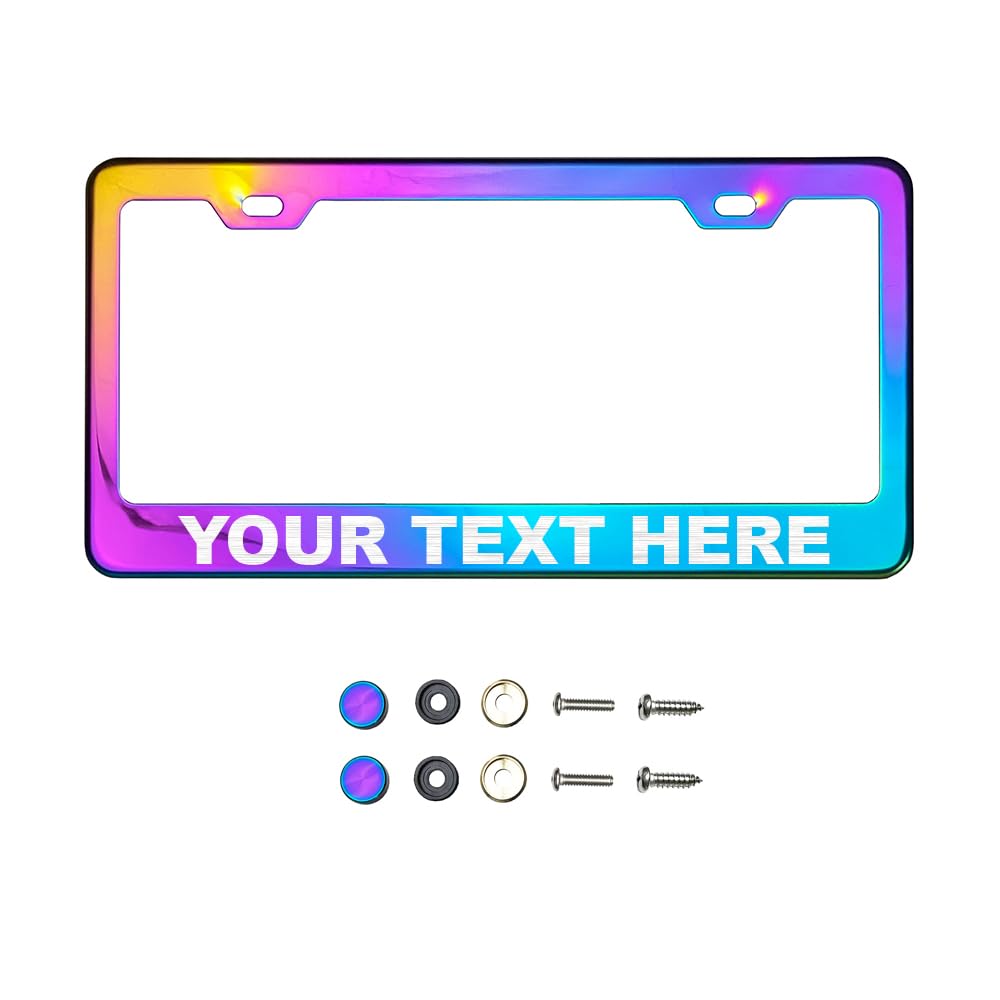 Customize Iridescent Neo Chrome T304 Stainless Steel License Plate Frame 8K Mirror Polish Finish, Rust-Resistant, Slim Design, Universal Fit, Includes Screw Caps, Washers &amp; Screws for Front or Rear