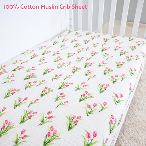 Image of LollyBanks Muslin Crib Sheet, 100% Cotton Fitted Crib Sheets for Girls | Soft all-season weave, snug elastic border for quick changes on 52 x 28 in standard mattresses (Tulip)