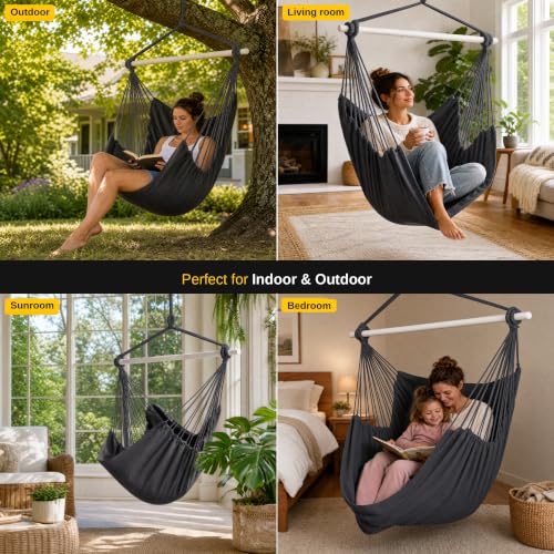 Image of ADVOKAIR Hammock Chair Swing, Heavy-Duty Hanging Rope Swing Seat Supports 500 Lbs, Ideal for Outdoor Patio, Backyard, Porch, Deck & Indoor Bedroom Use