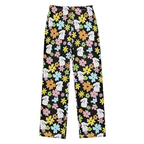 ZZXXB Bunny Colorful Flowers Boys Long Pants Soft Trousers Elastic Waist Kids Lounge Bottoms with Pockets S-XL