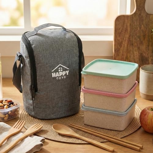 Image of Happy Cove Eco Friendly Lunch Box for Office Use | Biocomposite Wheat Straw, Rice Husk & Bamboo Fibre | 3 Multicolour Containers with Grey Lunch Bag | Microwave & Oven Safe | Unbreakable
