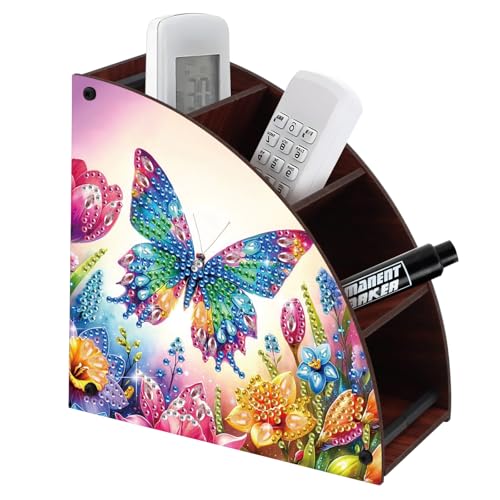 Image of DIY Diamond Painting Storage Box with 4 Compartments, Butterfly-Themed Diamond Art Curved Wooden Organizer for Remote Controllers, Office Supplies, Makeup Brush, Media Accessories