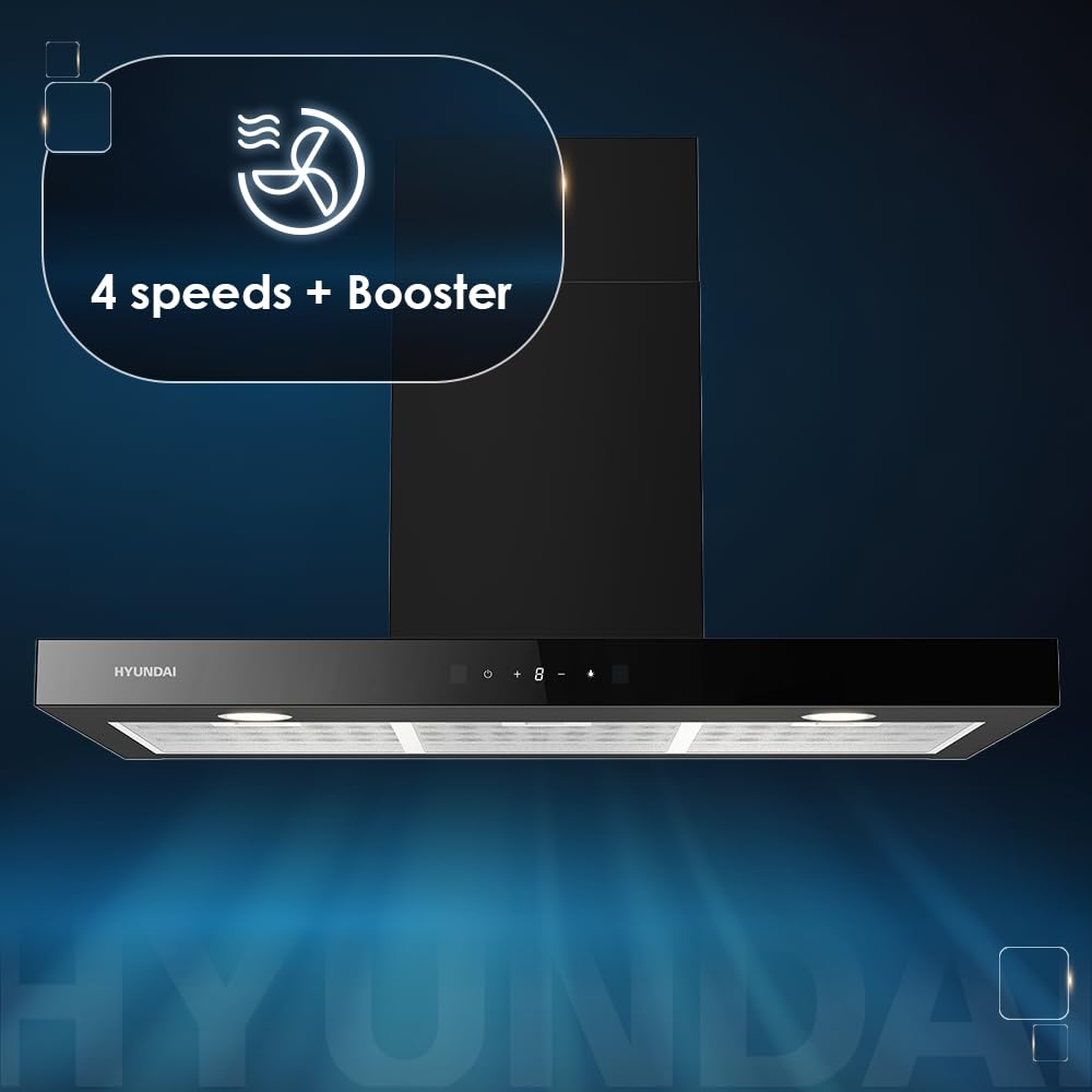 Hyundai Cappa aspirante T 90 cm, vetro nero, HCTT90DCB00. Potenza 958 m3/h, 3 velocità, 2 filtri, 68 dB, livello sonoro, controllo touch, filtri adatti alla lavastoviglie