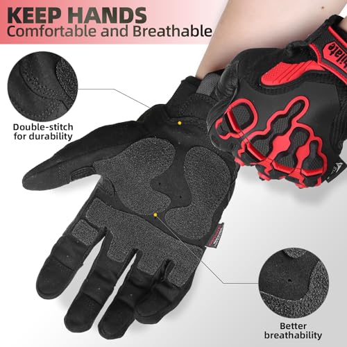 ZUNE LOTOO Motorcycle Gloves for Men, Touchscreen Motorcycle Gloves Kevlar-Lined Padded Protective, Red Leather Safety Work Gloves for Airsoft Gear/Paintball/Competition/Driving/X-Large