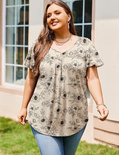IN'VOLAND Plus Size Womens Ruffle Sleeve Tunic Tops V Neck Summer Shirts Floral Print Tops Dressy Blouse3