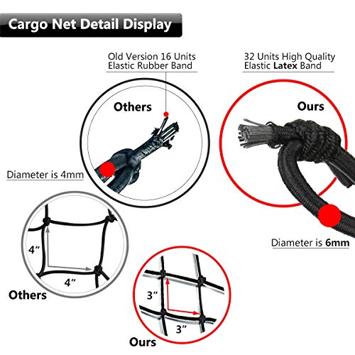 Ezykoo Cargo Nets 47" X 36",6Mm Premium Bungee Cord Net,3" X 3" Grid Mesh Cargo Net,Auto Roof Tie-Down Net With 14 Hooks #TOP1