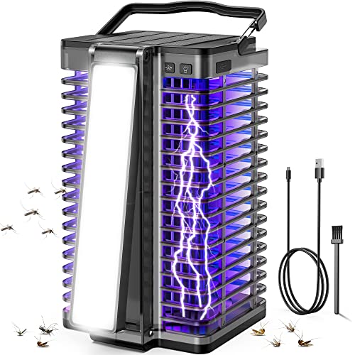 Bug Zapper Outdoor Indoor, Solar Mosquito Zapper with Reading Lamp, Cordless & Rechargeable Electric Insect Fly Zapper with 4200V High Powered UV Light, 2 in 1 Mosquito Killer for Home Backyard Patio