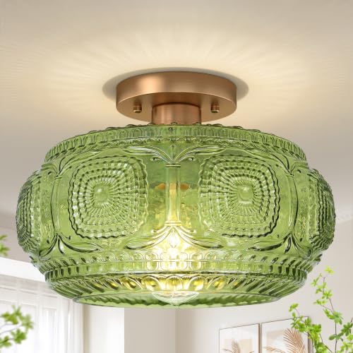 Image of 12 inch Art Deco Glass Semi Flush Mount Ceiling Light Fixture, Green